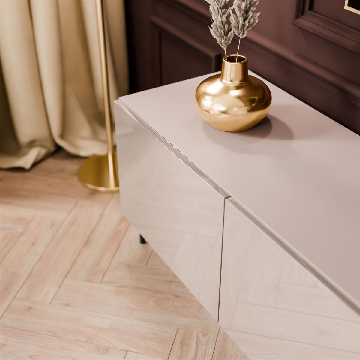 Szafka RTV COLGANTE 200 kaszmir wysoki połysk, oświetlenie LED, nóżki proste czarne