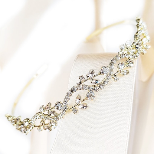Opaska na głowę złota z listkami ŚLUBNA cyrkonie kwiaty ELEGANCKA błysk