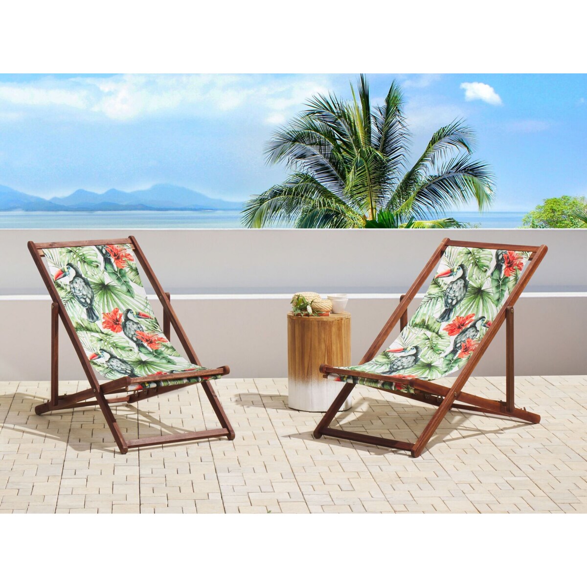Zestaw 2 leżaków ogrodowych ciemne drewno akacjowe wzór w tukany ANZIO