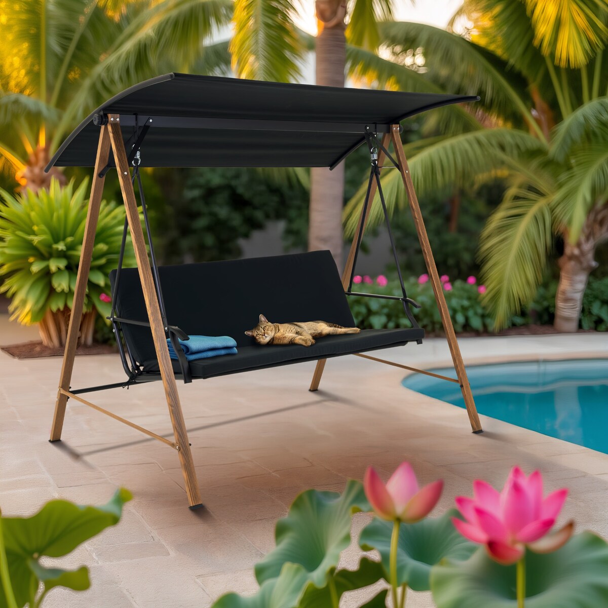 Huśtawka ogrodowa 3-osobowa WOLNOSTOJĄCA bujana STALOWA z poduszką DASZKIEM