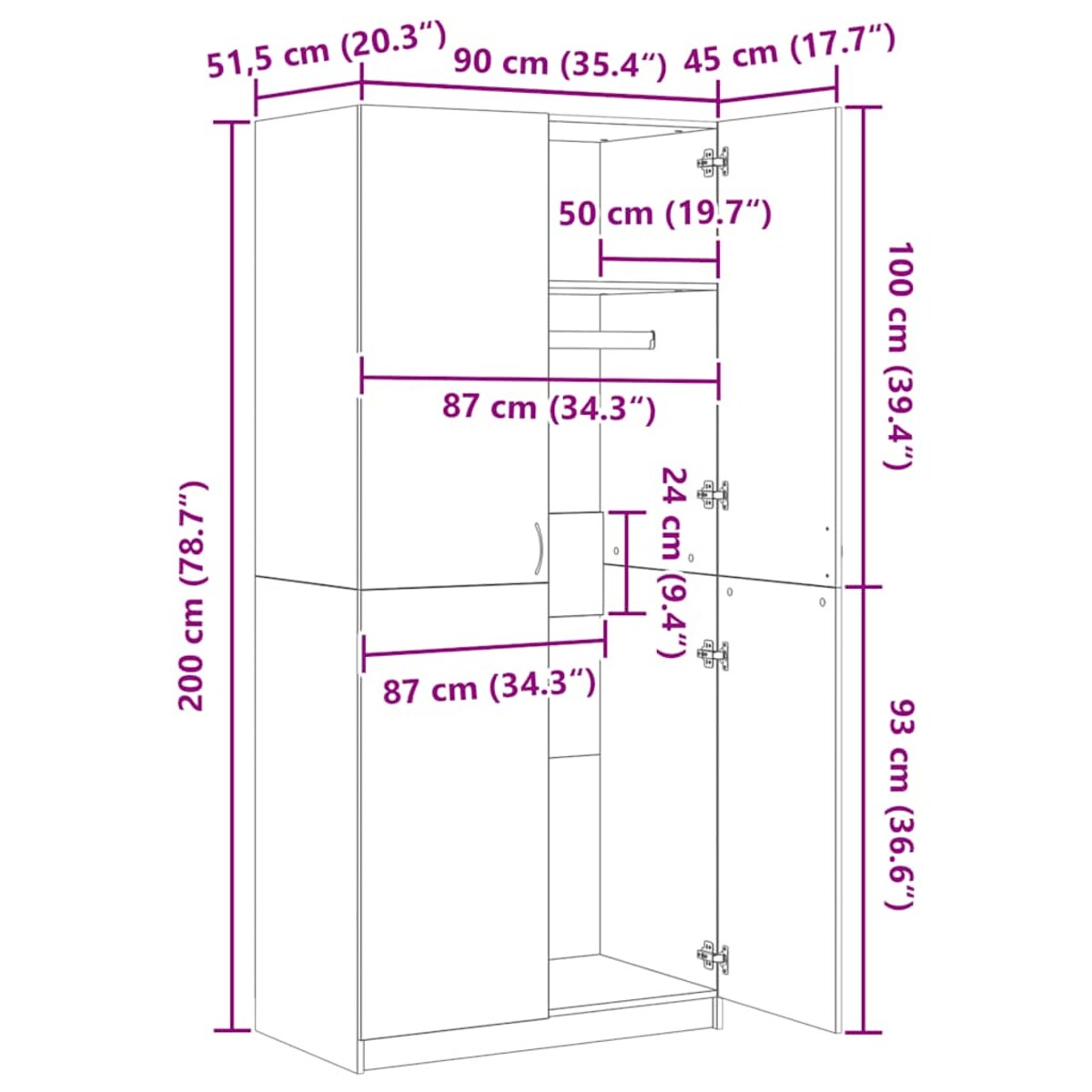 vidaXL Szafa, biała, 90x52x200 cm, materiał drewnopochodny