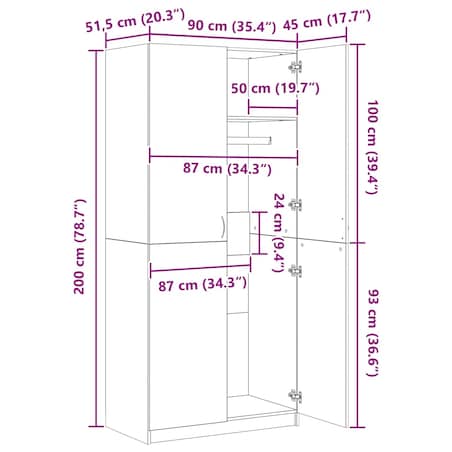 vidaXL Szafa, biała, 90x52x200 cm, materiał drewnopochodny