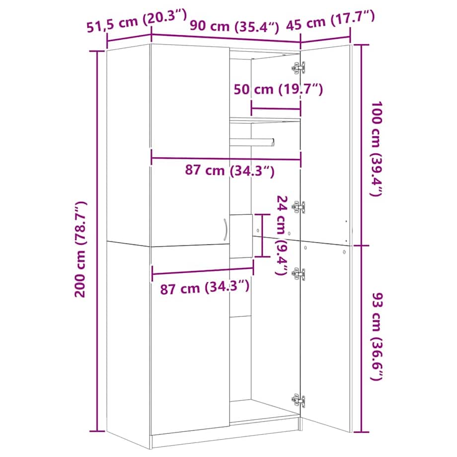 vidaXL Szafa, biała, 90x52x200 cm, materiał drewnopochodny