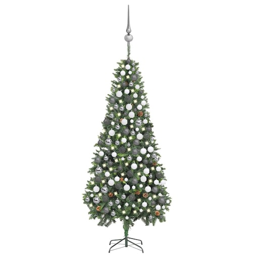 vidaXL Sztuczna choinka z lampkami, bombkami i szyszkami, 210 cm