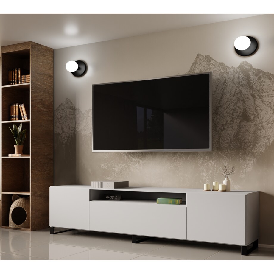 Szafka RTV LION 200 cm na metalowych nogach, do pokoju gościnnego-biała