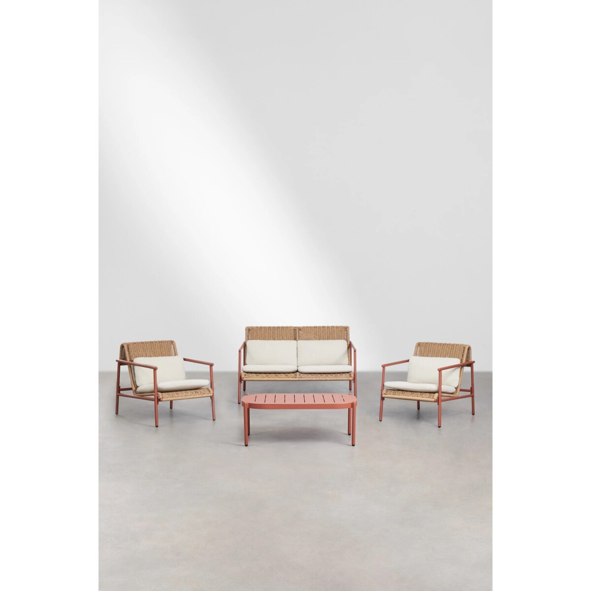 Zestaw ogrodowy: sofa, 2 fotele, stolik kawowy z aluminium i syntetycznego rattanu Duroli, terracotta