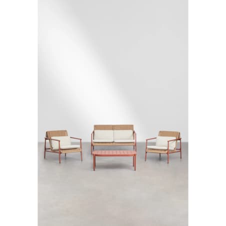 Zestaw ogrodowy: sofa, 2 fotele, stolik kawowy z aluminium i syntetycznego rattanu Duroli, terracotta