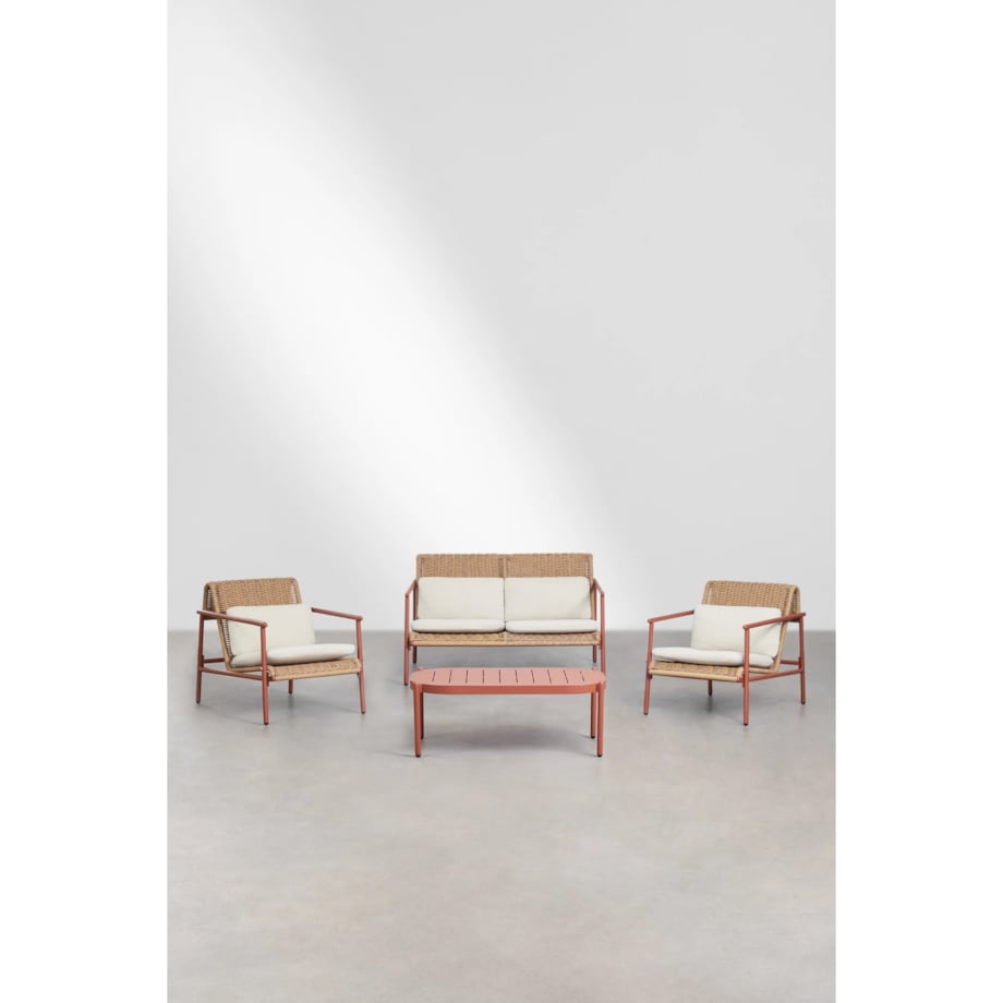 Zestaw ogrodowy: sofa, 2 fotele, stolik kawowy z aluminium i syntetycznego rattanu Duroli, terracotta