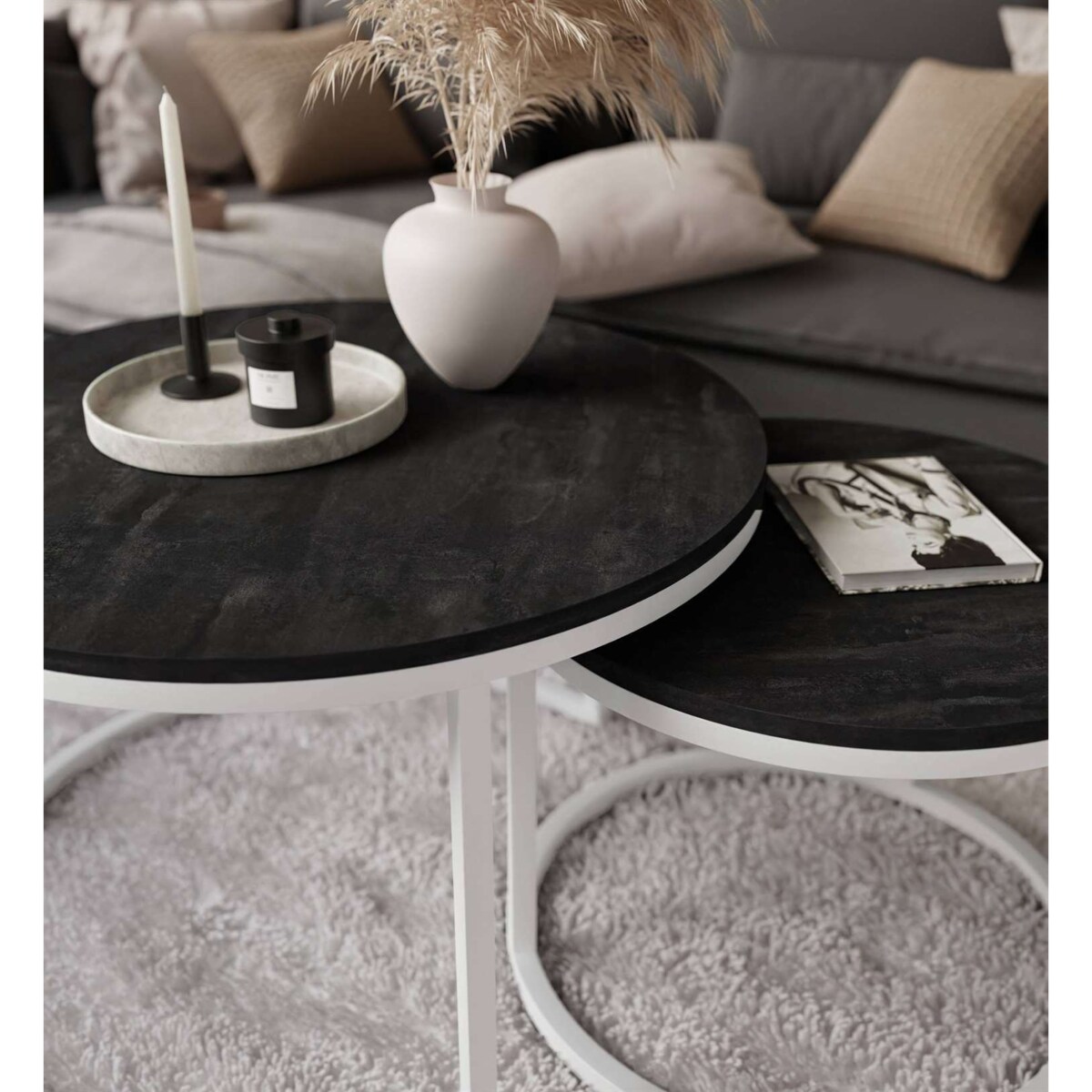 Okrągły stolik kawowy CIRI 2w1 biały ciemny beton