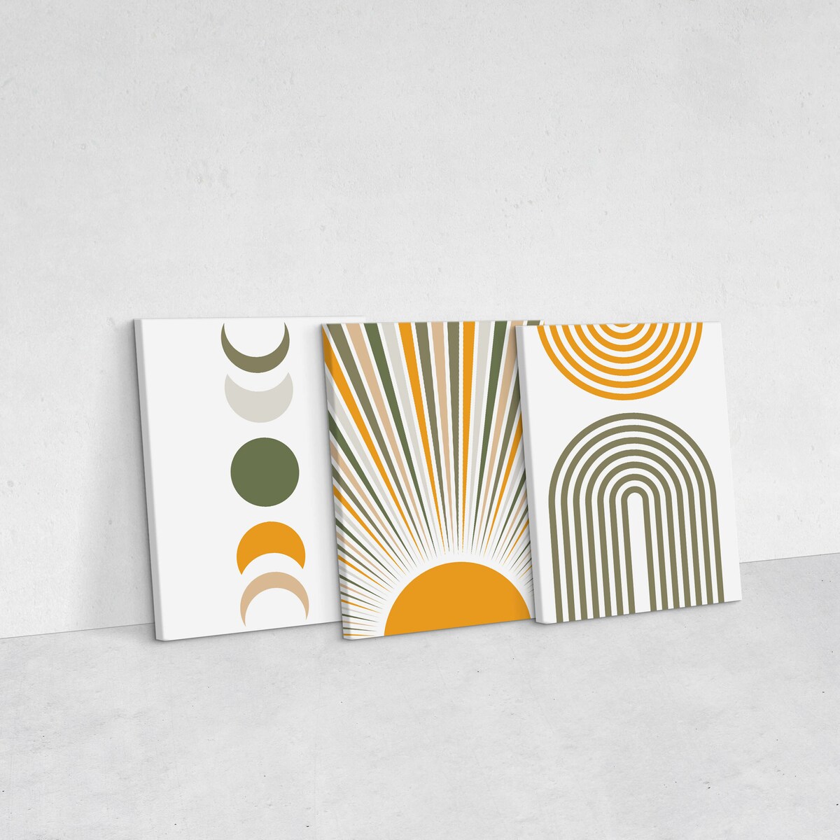 3x Obraz Na Płótnie Do Salonu Set Styl Boho Księżyce Słońce Abstrakcja 30x40cm