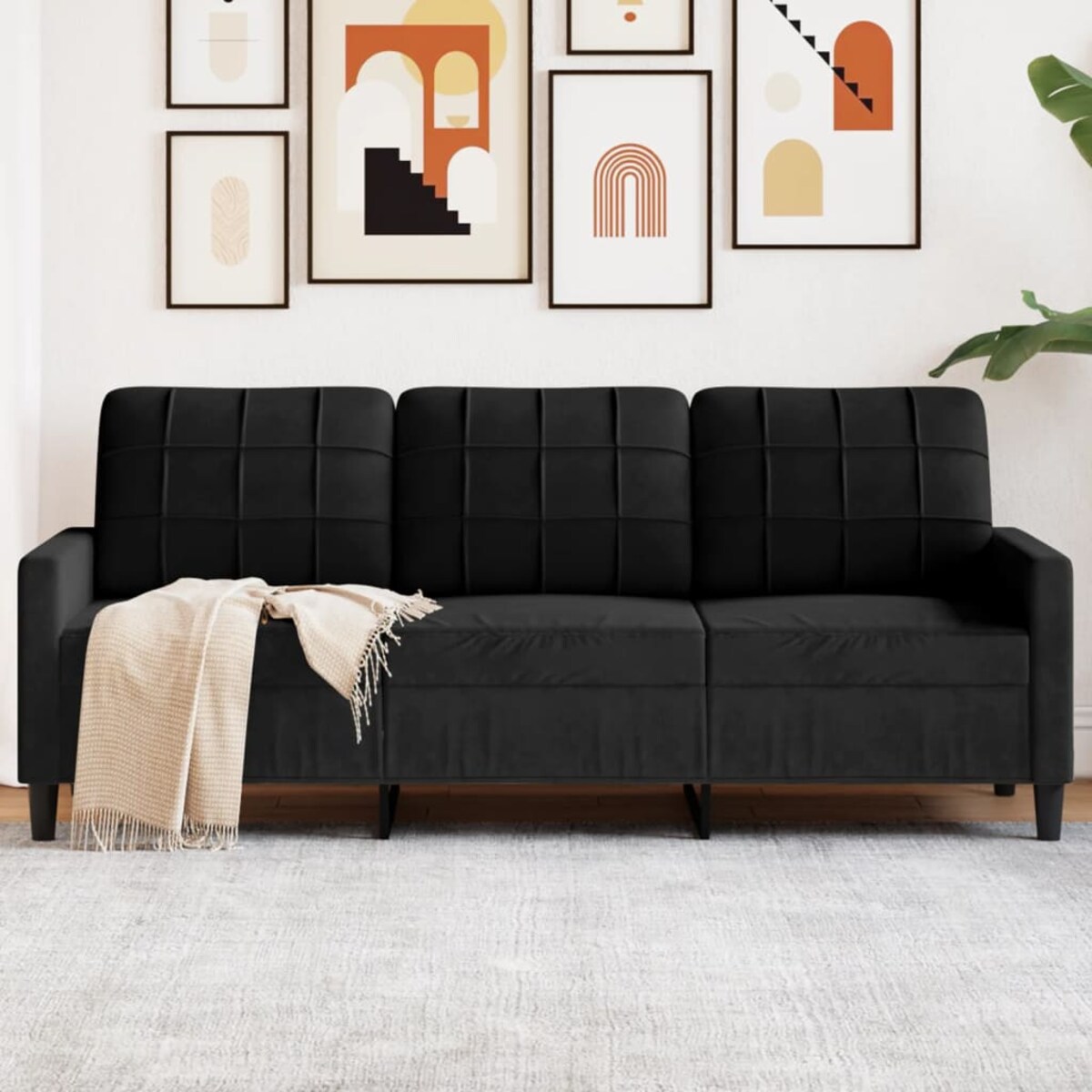 vidaXL Sofa 3-osobowa, czarny, 180 cm, tapicerowana aksamitem