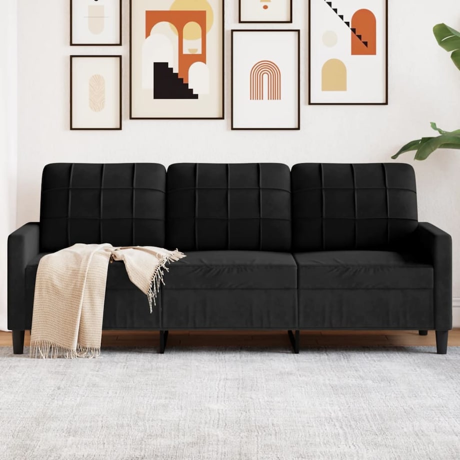 vidaXL Sofa 3-osobowa, czarny, 180 cm, tapicerowana aksamitem