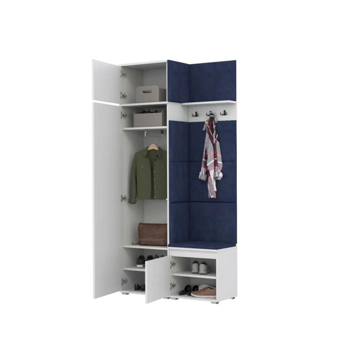 Garderoba z siedziskiem i nadstawką do przedpokoju SINGAPUR 104 biała/granatowa