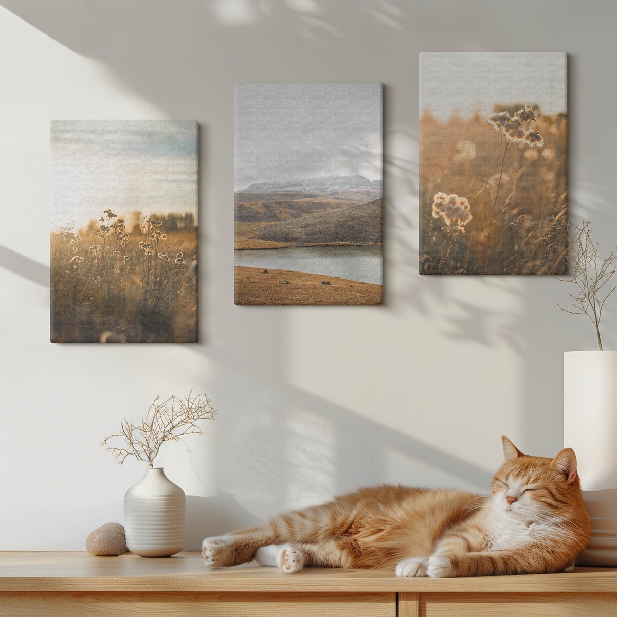 Zestaw 3 małych obrazów na płótnie - Krajobrazy łąki góry jezioro - brązowy