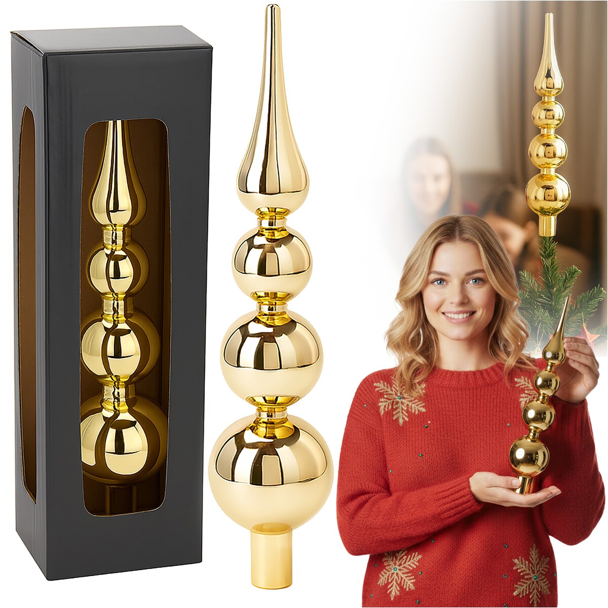 Czubek Na Choinkę Szpic Dekoracja Świąteczna Ozdobna Szklana 28 Cm Złota