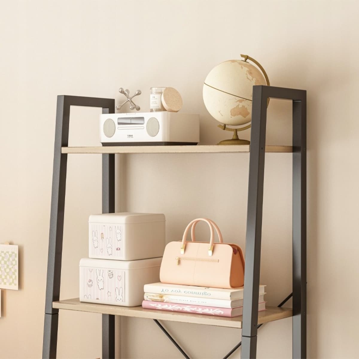 Regał na książki stojący rustykalny drabinka loft retro jasny brąz 4 półki
