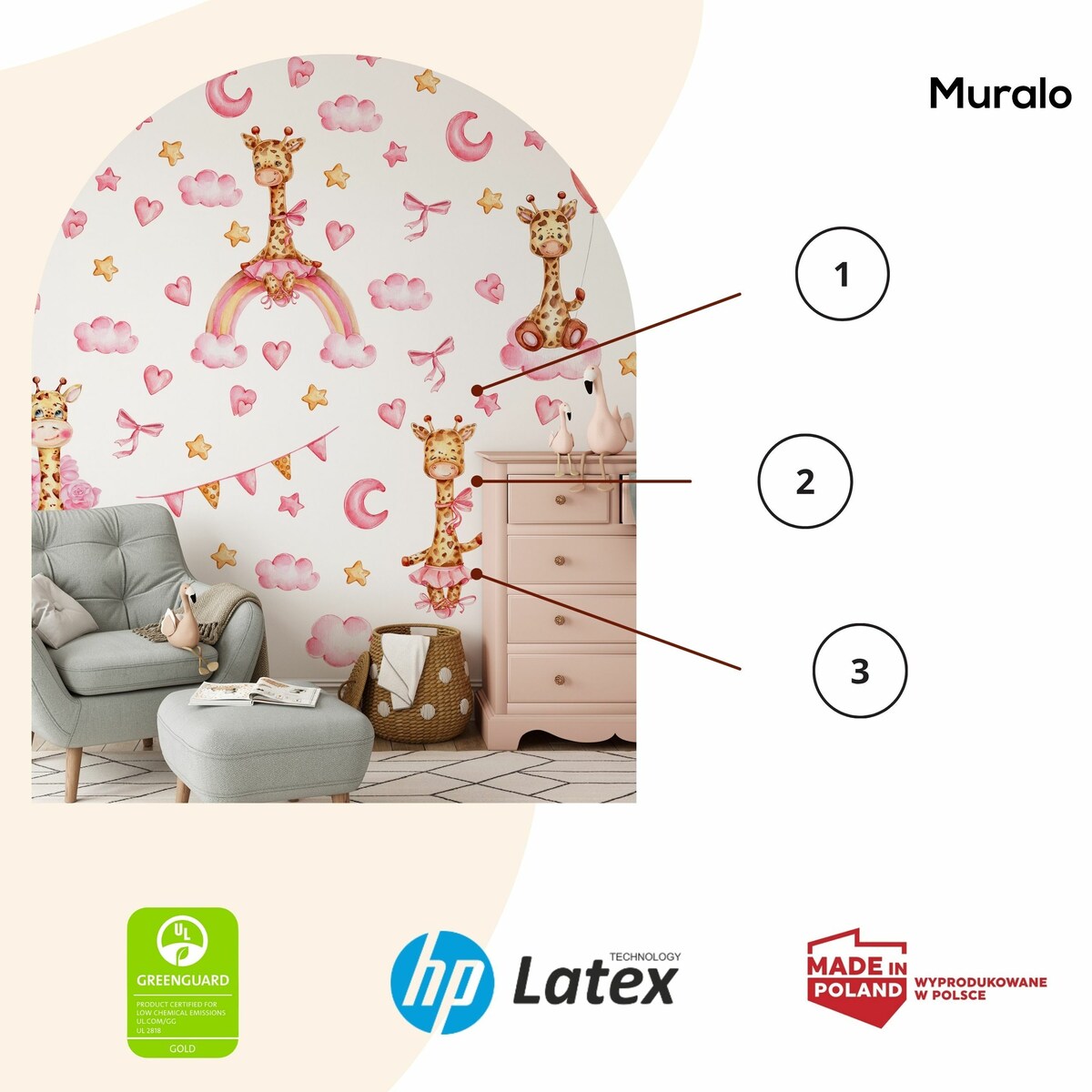 Naklejki Ścienne Dla Dzieci Żyrafy Serduszka Różowe Chmury Kokardki ZESTAW 60x30cm