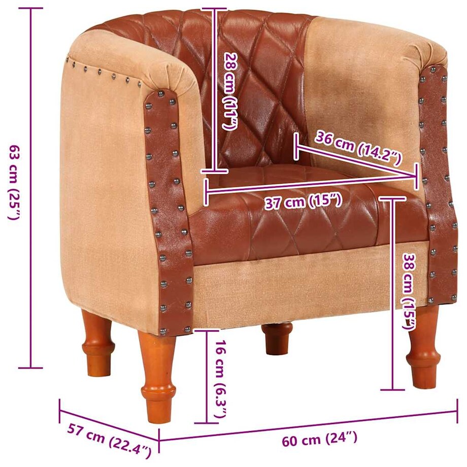 vidaXL Fotel klubowy, brązowy, skóra naturalna i lite drewno mango