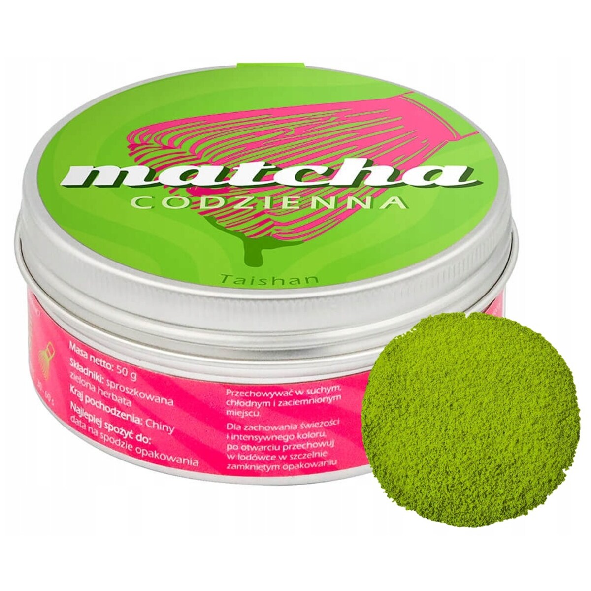Matcha codzienna TAISHAN Chiny 50g PREMIUM sproszkowana zielona herbata idealna na prezent upominek dla kobiety faceta