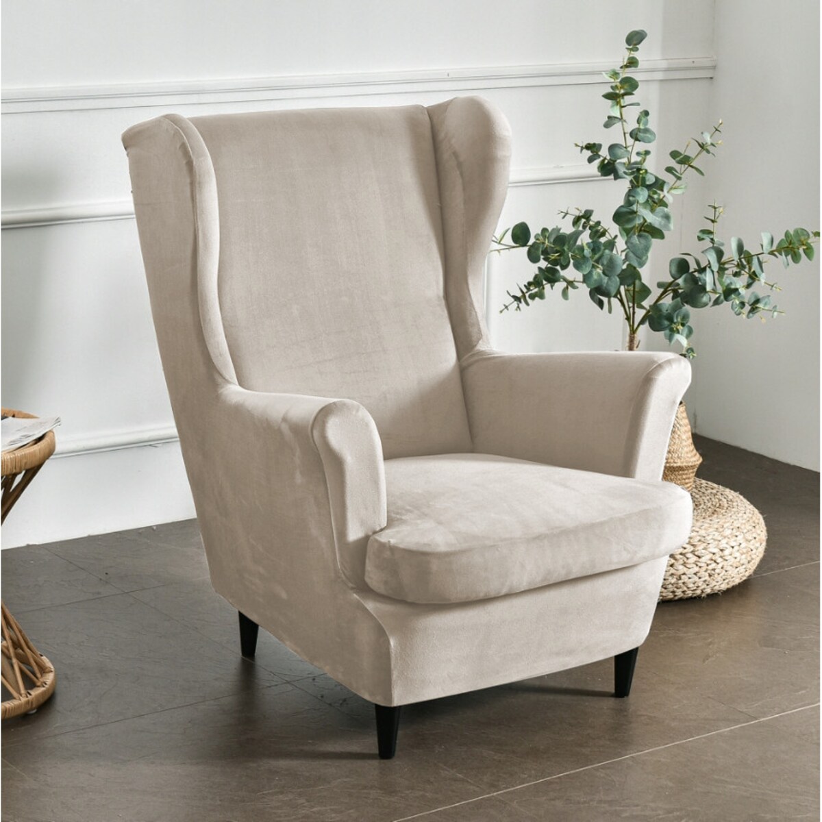 POKROWIEC NA FOTEL USZAK CHŁODNY BEŻ WELUR ELASTYCZNY [22E12]