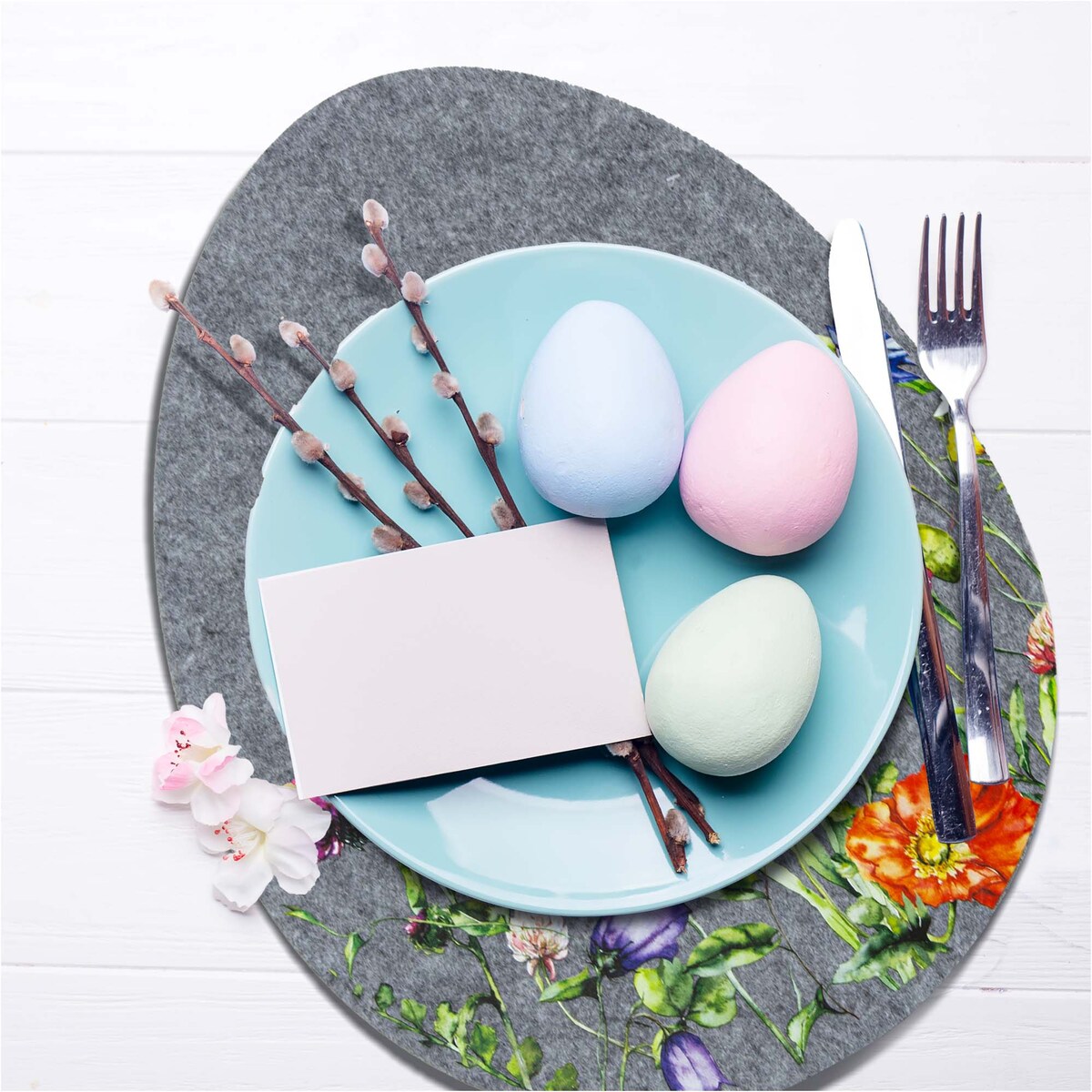 Podkładka Filcowa Wielkanocna Pisanka Na Stół Dekoracyjna Ozdobna Kwiaty Ciemnoszara 40X31,5 Cm