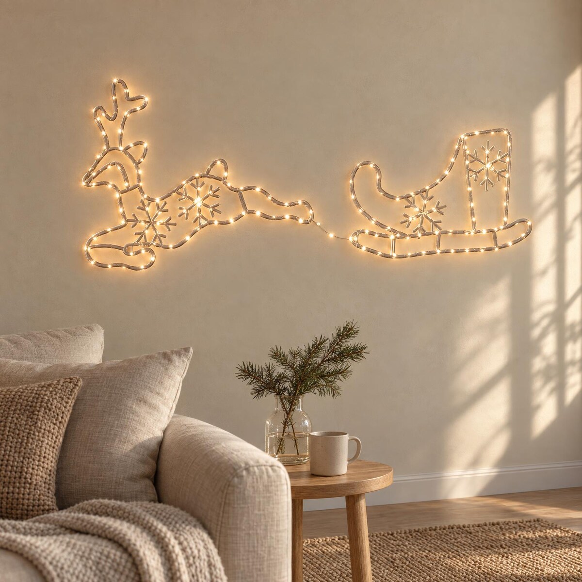 Renifer z saniami, dekoracja świetlna 180 LED, 130 x 51 cm