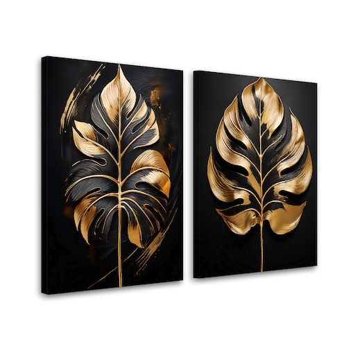 Obraz set nowoczesny do salonu sypialni loftu jadalni biura Monstera Złote Liście Glamour 160x120 (2x80x120)