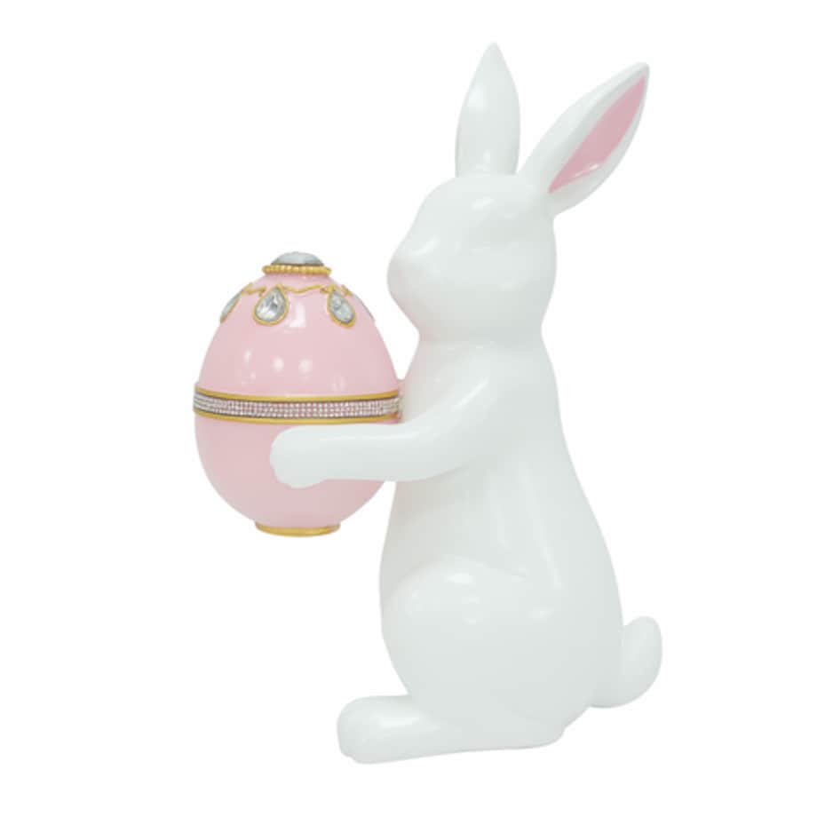 Dekoracja - ceramiczny królik z pisanką 35,8x23,5x15,3 cm różowa