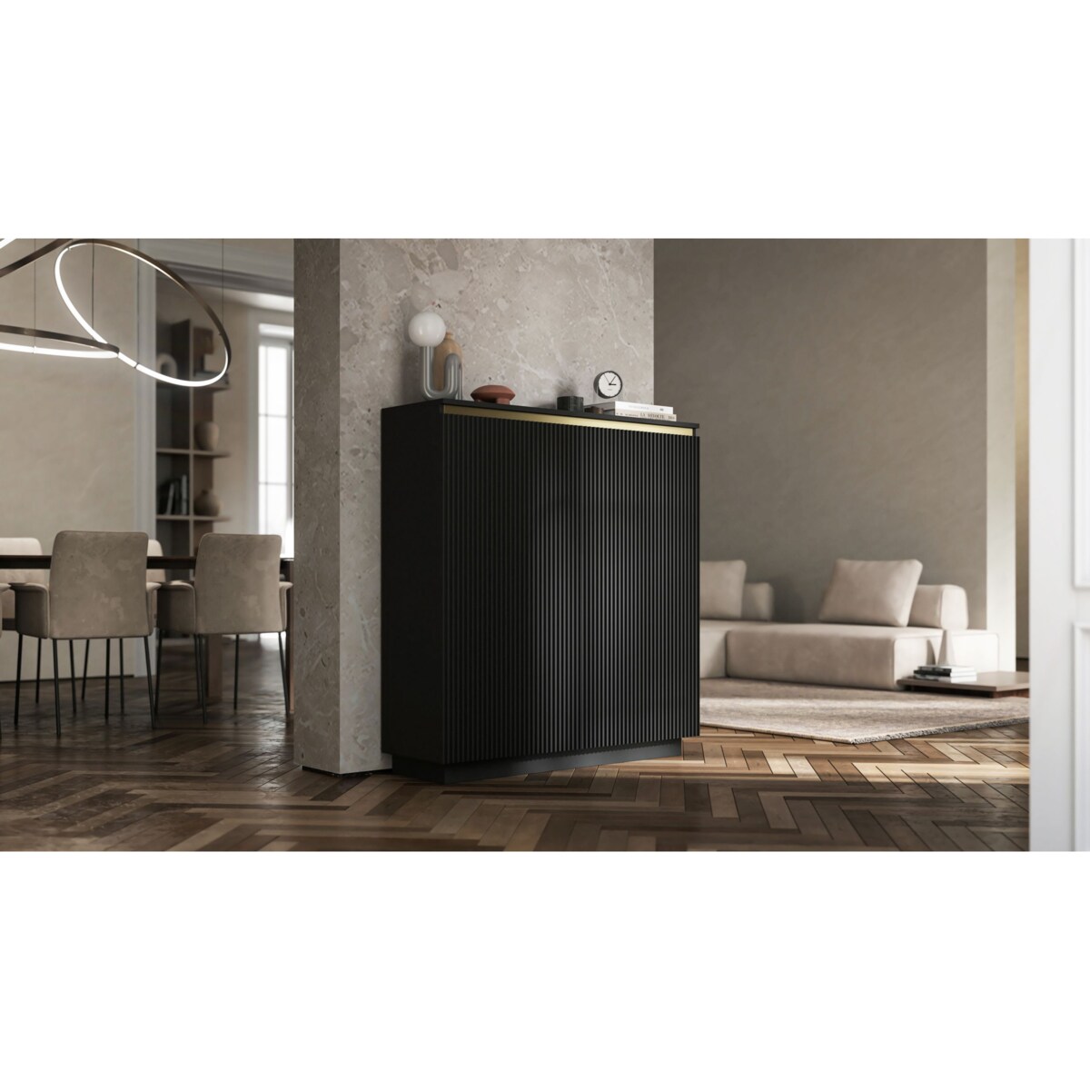 Nowoczesna Komoda Glamour Szafka RTV Czarny MAT ryflowane fronty 110,8 cm