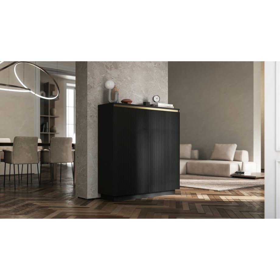 Nowoczesna Komoda Glamour Szafka RTV Czarny MAT ryflowane fronty 110,8 cm