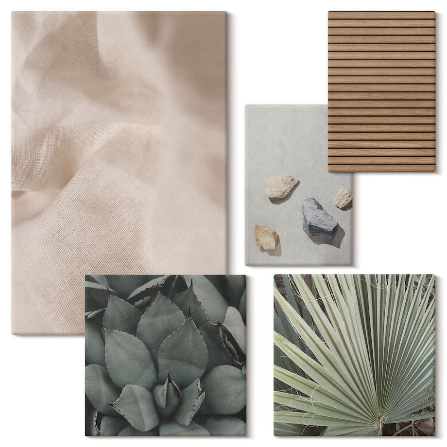 Zestaw 5 obrazów na płótnie - Kamienie drewno tkaniny tekstury boho - brązowy