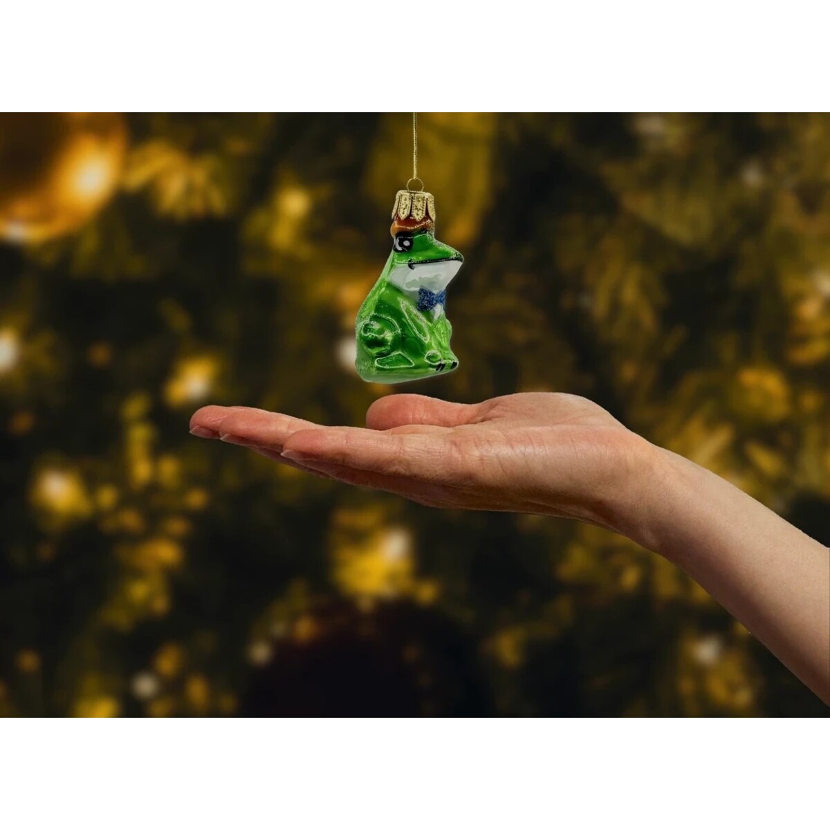 Bombka choinkowa: Żaba z koroną i muszką