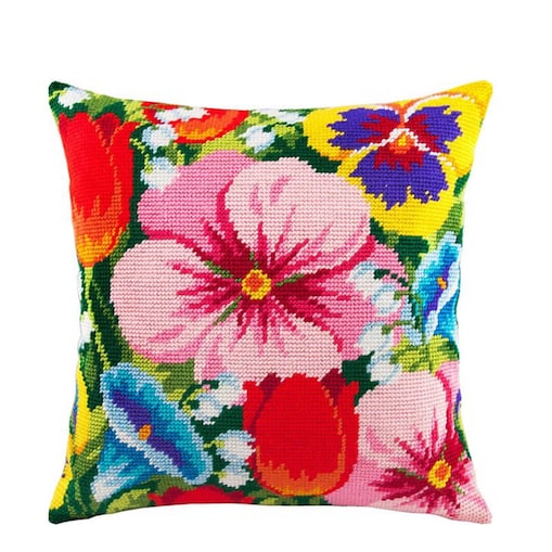 Haft krzyżykowy - Poduszka Bratki