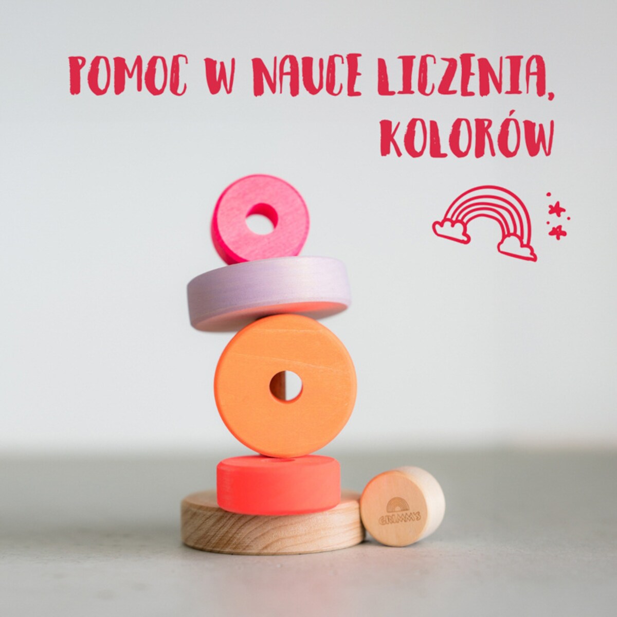 Wieża drewniana dla dzieci 6 krążków – klocki Grimm's Neon Pink 1+