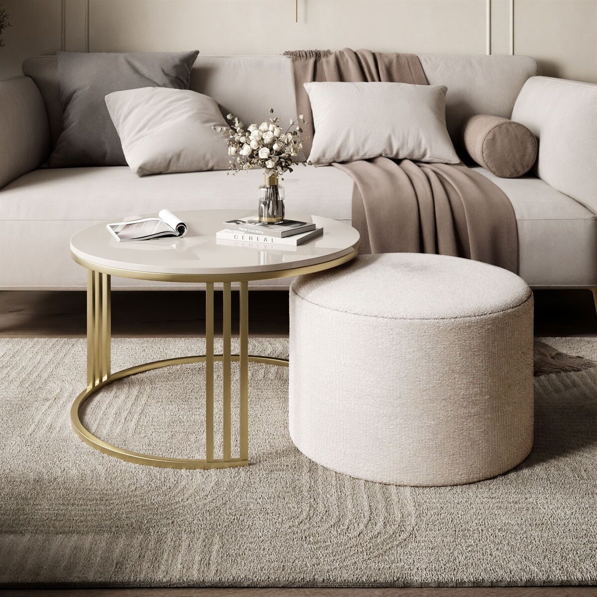 Stolik kawowy z pufą LORI POŁYSK złoto szczotkowane, kaszmir / Perfect Harmony 01