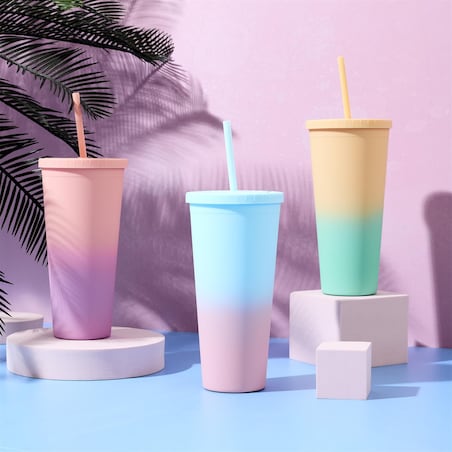 KUBEK ZE SŁOMKĄ Tie-Dye PP 700 ml niebiesko-różowy