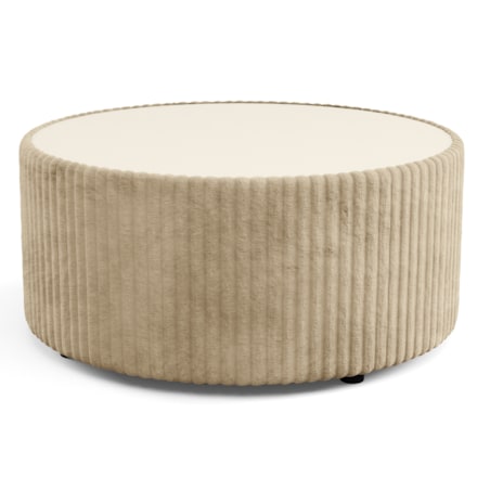 Stolik okrągły kawowy tapicerowany MIJA w tkaninie Tilia, beżowy