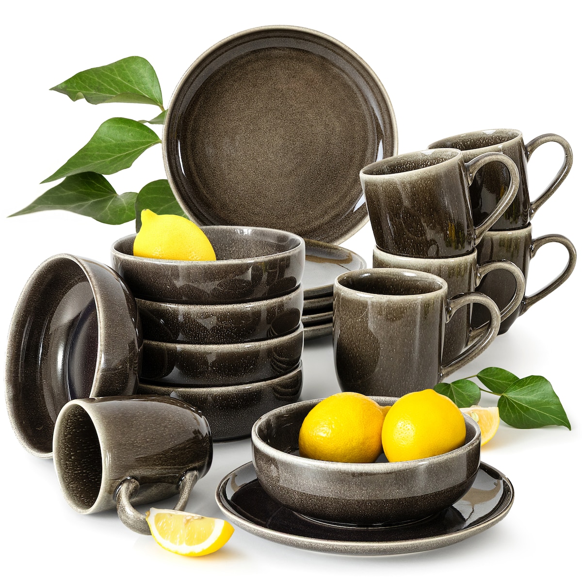 EDA Zestaw śniadaniowy 6 os. (18 el.), brązowy/szary/beżowy