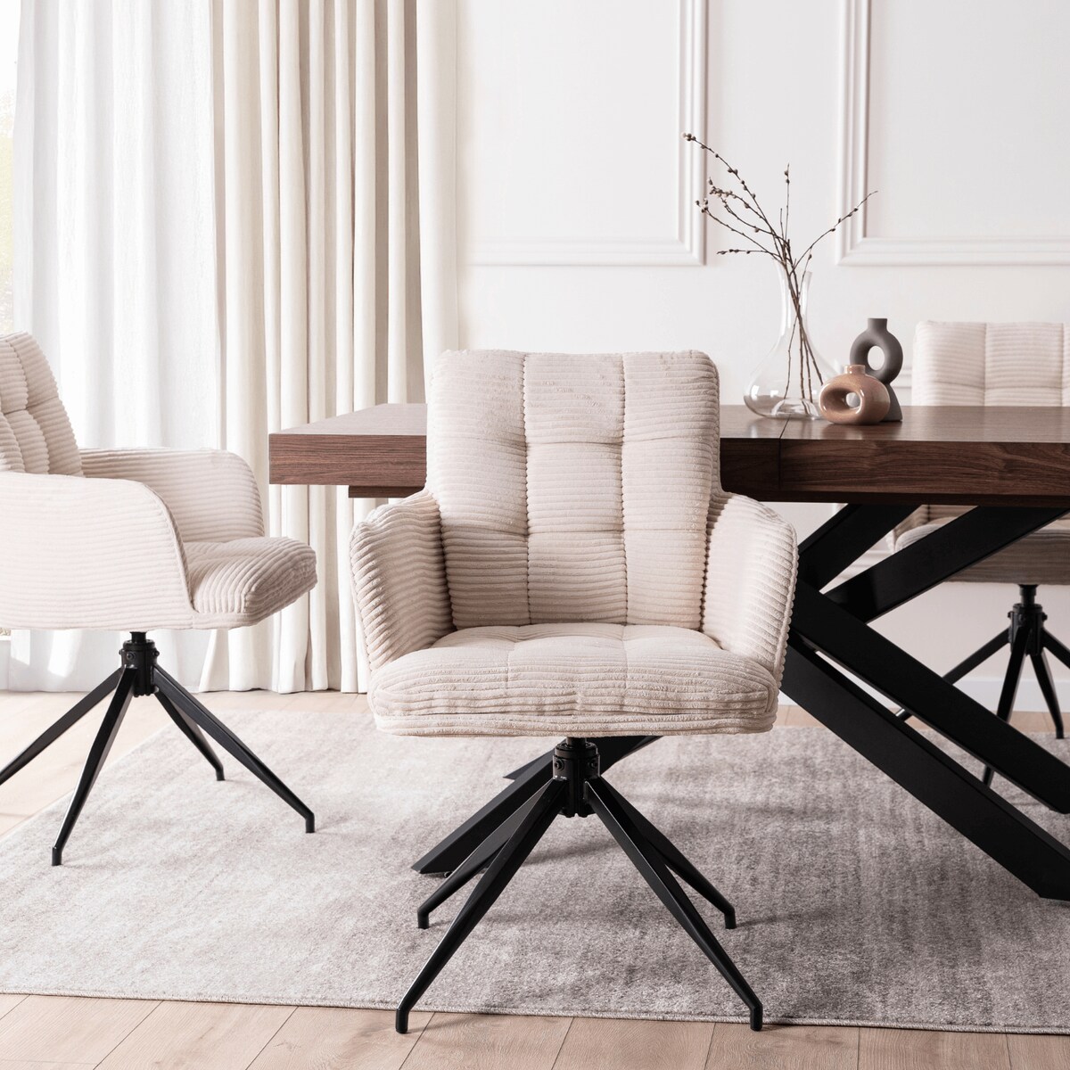 Krzesło Obrotowe Kubełkowe Tapicerowane Do Jadalni Sztruks Kremowy AKITA