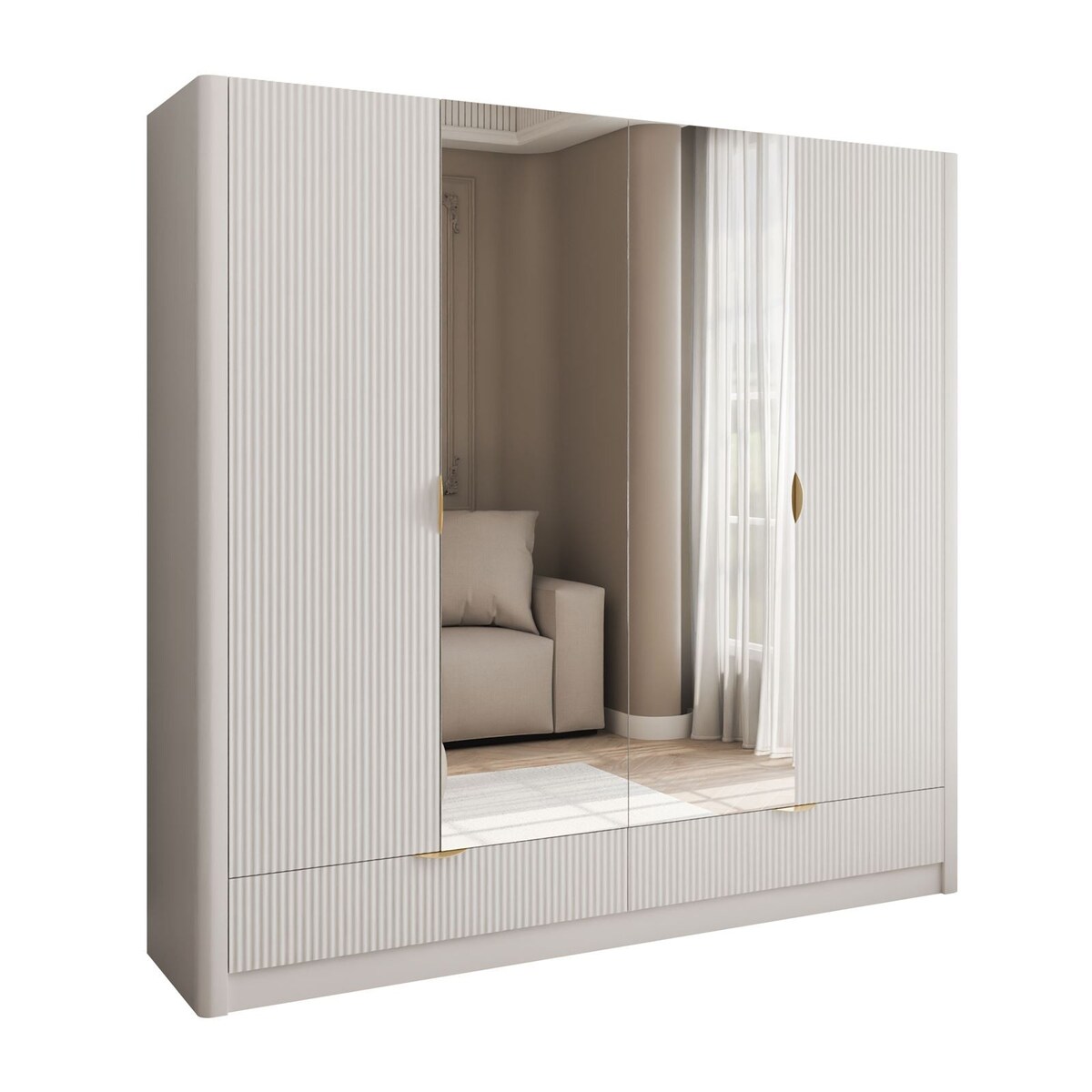 Szafa SCARLETT z lustrem i szufladami beżowa złote uchwyty