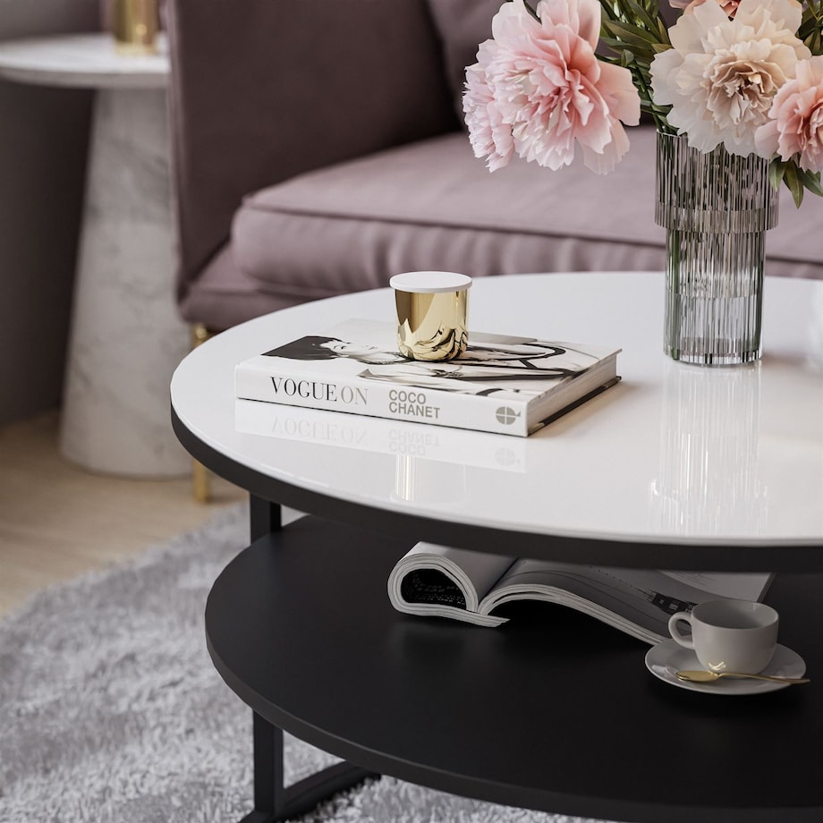 Stolik kawowy CIRI z półką czarny białe szkło