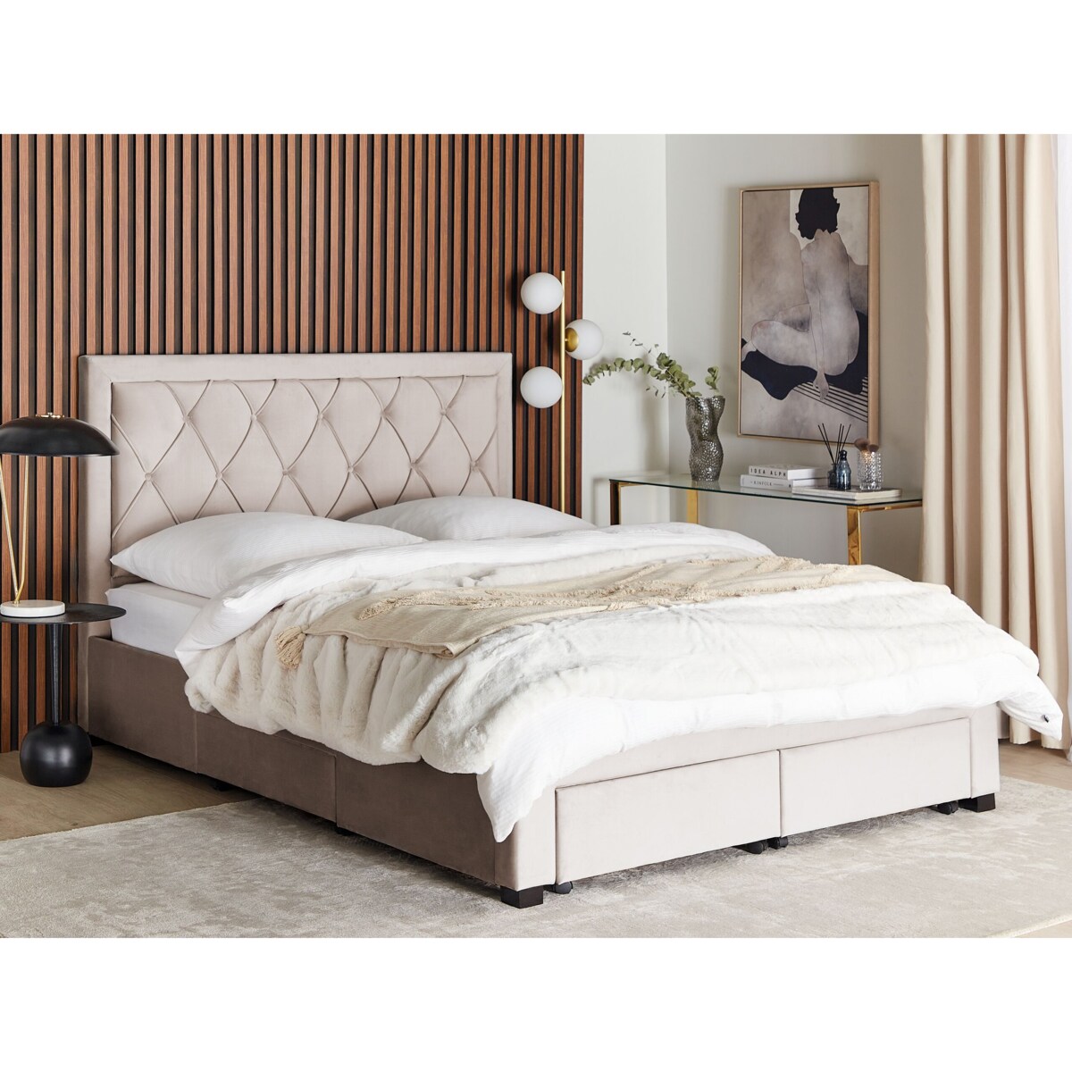 Łóżko z szufladami welurowe 160 x 200 cm beżowe LIEVIN