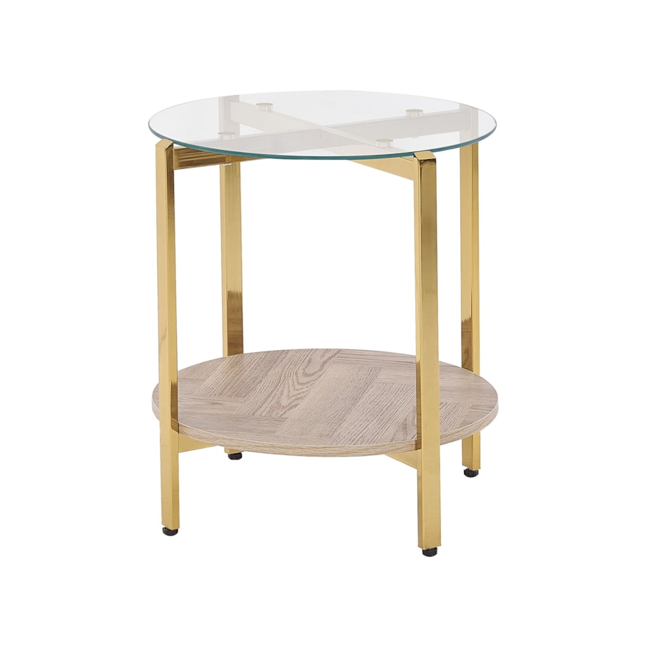 Stolik pomocniczy szklany jasne drewno ze złotym LOVELL