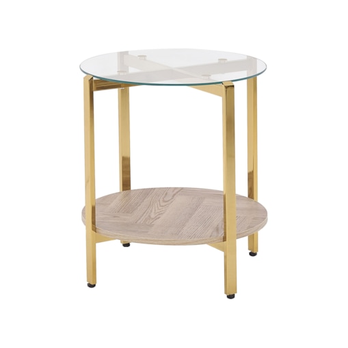 Stolik pomocniczy szklany jasne drewno ze złotym LOVELL