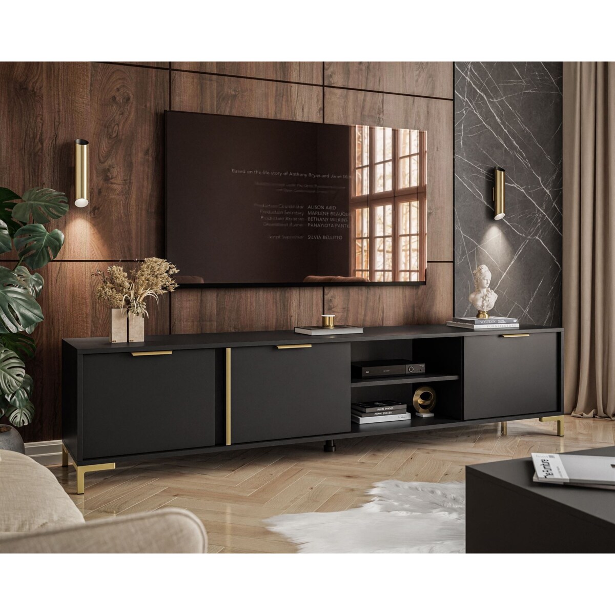 Szafka RTV LARETTO 203 cm antracyt, czarna, nóżki złote