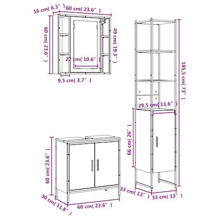 vidaXL Zestaw 3 szafek łazienkowych, czarny, materiał drewnopochodny