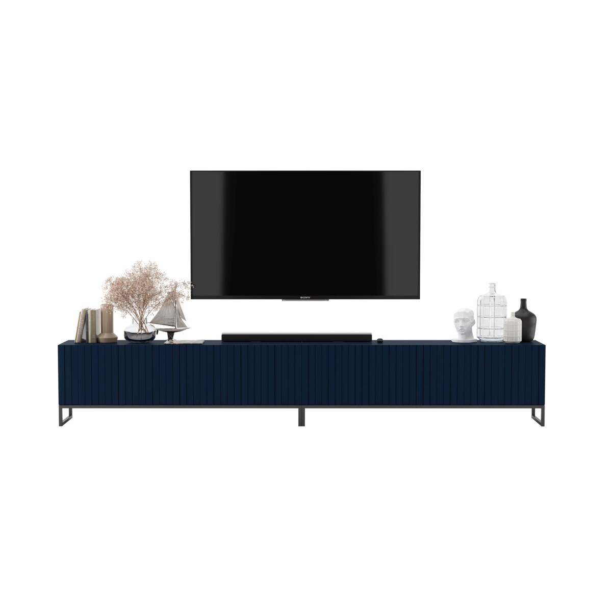 Szafka RTV Glamour Nowoczesna Komoda RTV Ryflowane Fronty Granatowy Mat Czarna Rama Loft 300 cm