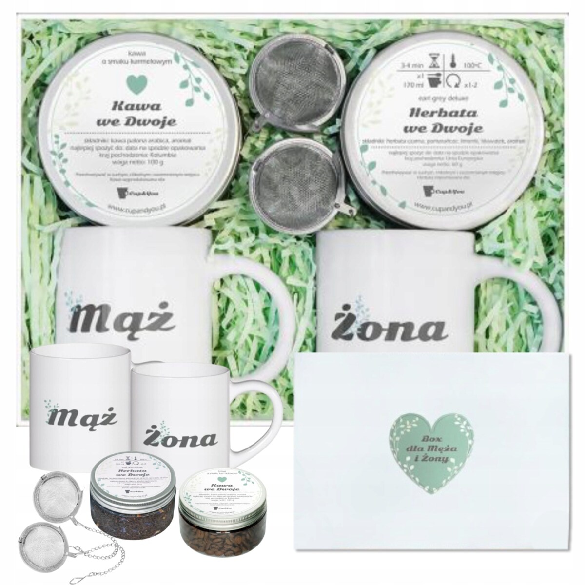 Zestaw prezentowy Box Ślubny z kawą i herbatą dla Męża i Żony z akcesoriami