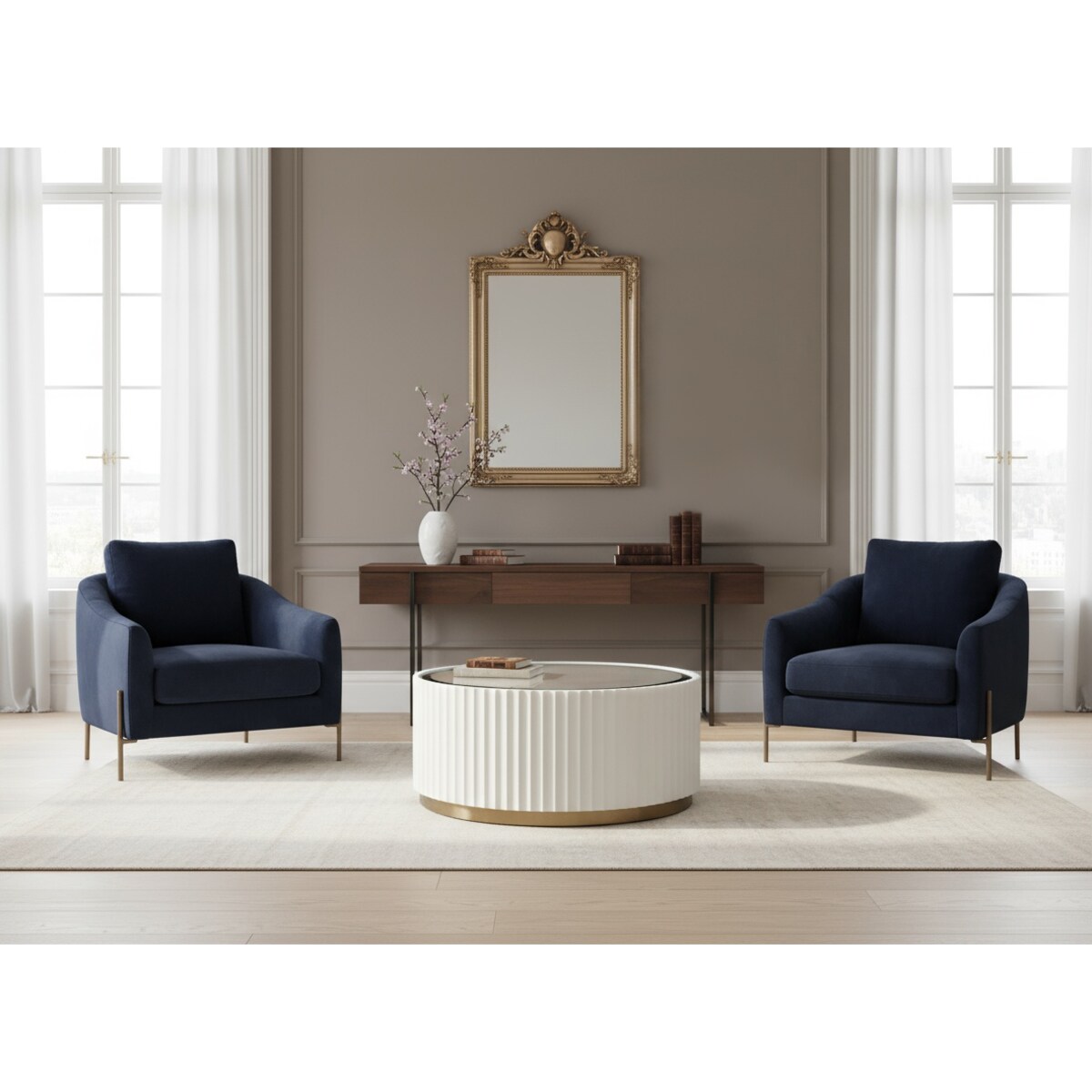 Stolik kawowy ryflowany biały okrągły złoty z szybą Livino Glamour Premium 90x90x50