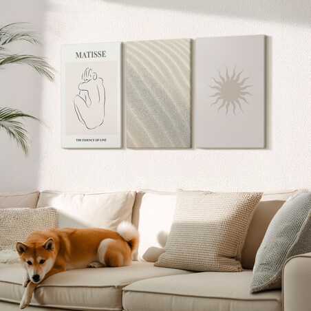 Zestaw 3 dużych obrazów na płótnie - Minimalistyczne linie piasku słońce - beżowy